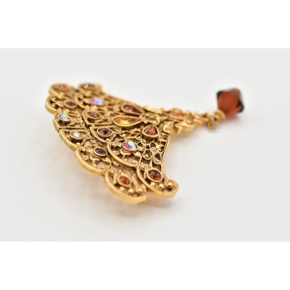 1928 Vintage Brooch Pin Fan Amber Dangle Rhinestone Crystal Gold Tone 80s BinBG